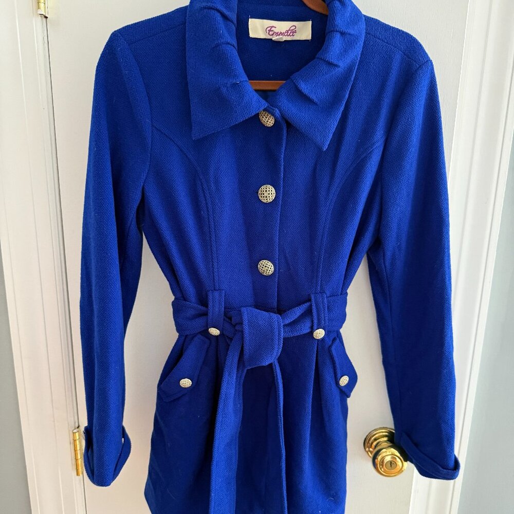 Emmolia Royal Blue Double Breasted Gold Button Belted Coat Medium